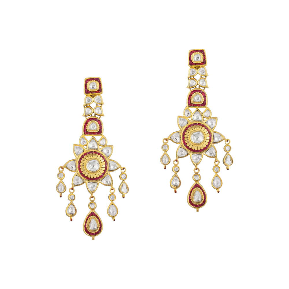 Sunburst Polki Earrings with Red Talaf & Teardrop Polkis